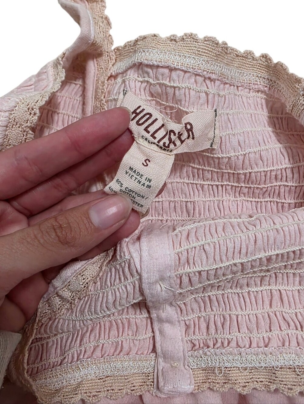 Hollister lace trim ruched babydoll light pink vintage top with back tie - Picture 3 of 5